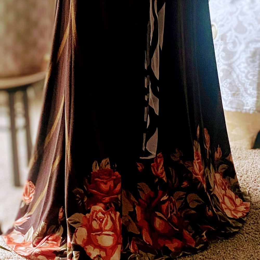 LuLaRoe Brown Maxi Skirt with Red Rose Border and Olive StripesToo and Skirt